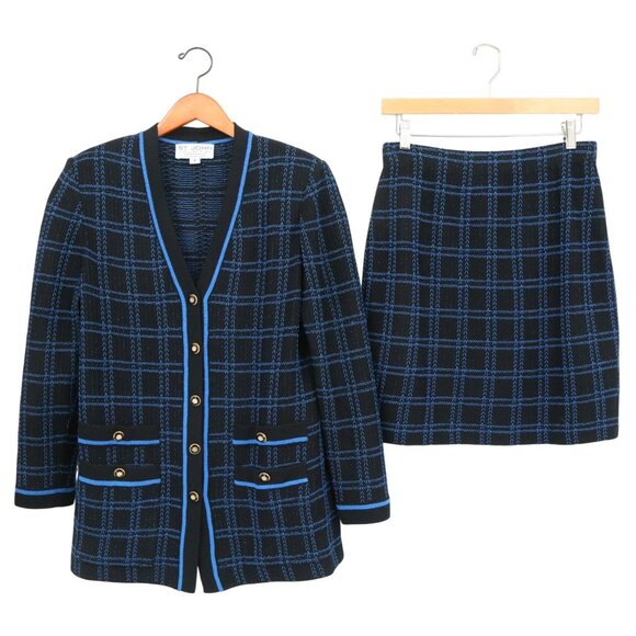 St. John Collection Black White Windowpane Santana Knit Jacket Skirt Suit Set 4 - Picture 1 of 9